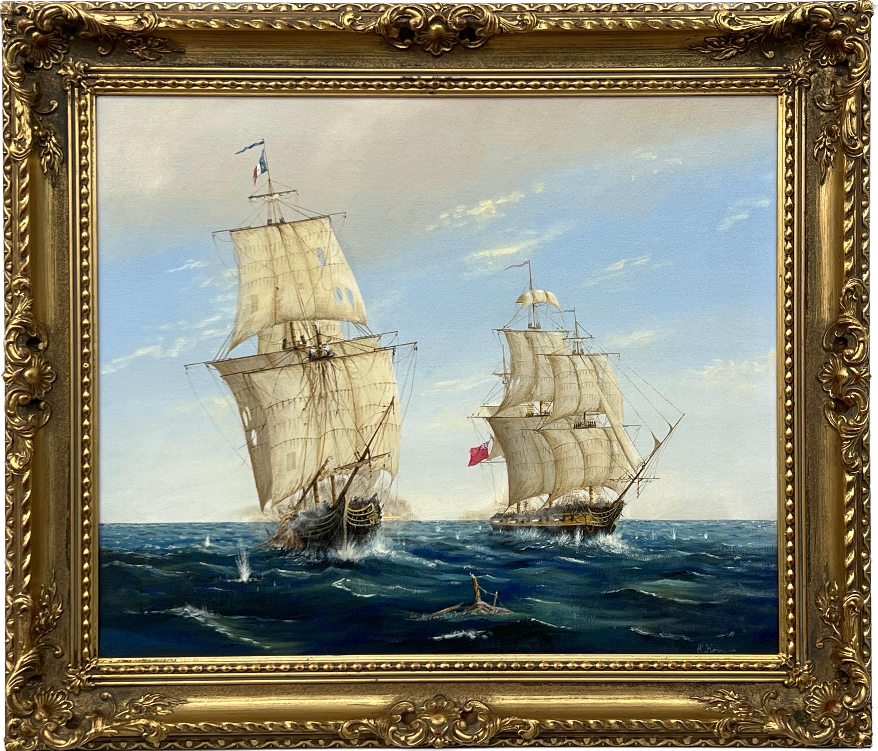 Edward Hersey Figurative Painting - Nautical Maritime Seascape Painting of Naval Battle French & British War Ships
