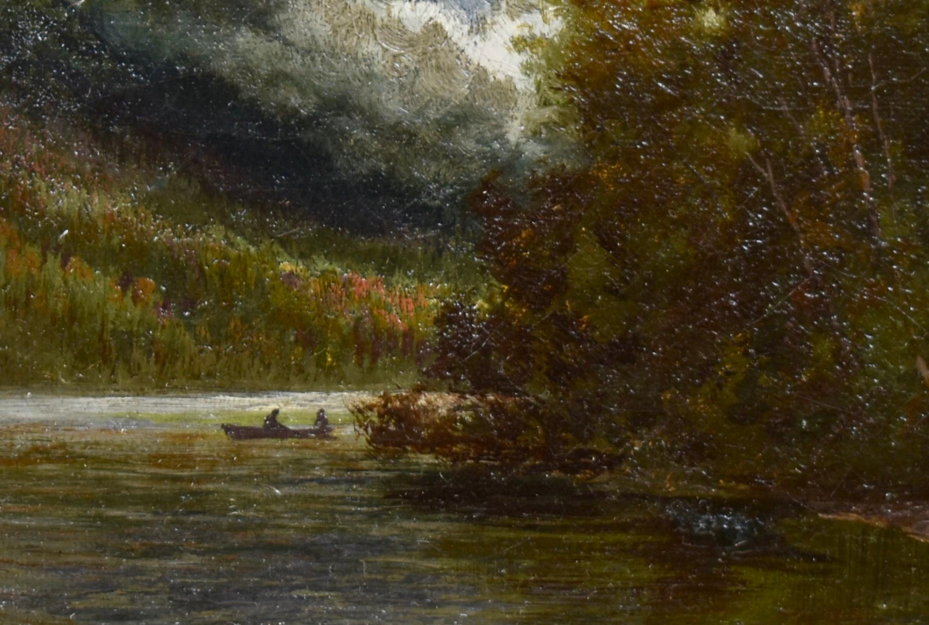 Antique Hudson River School oil painting of Echo Lake by Edward Hill  (1843 - 1923).  Oil on canvas, circa 1870.  Signed.  Displayed in a giltwood frame.  Image size, 10