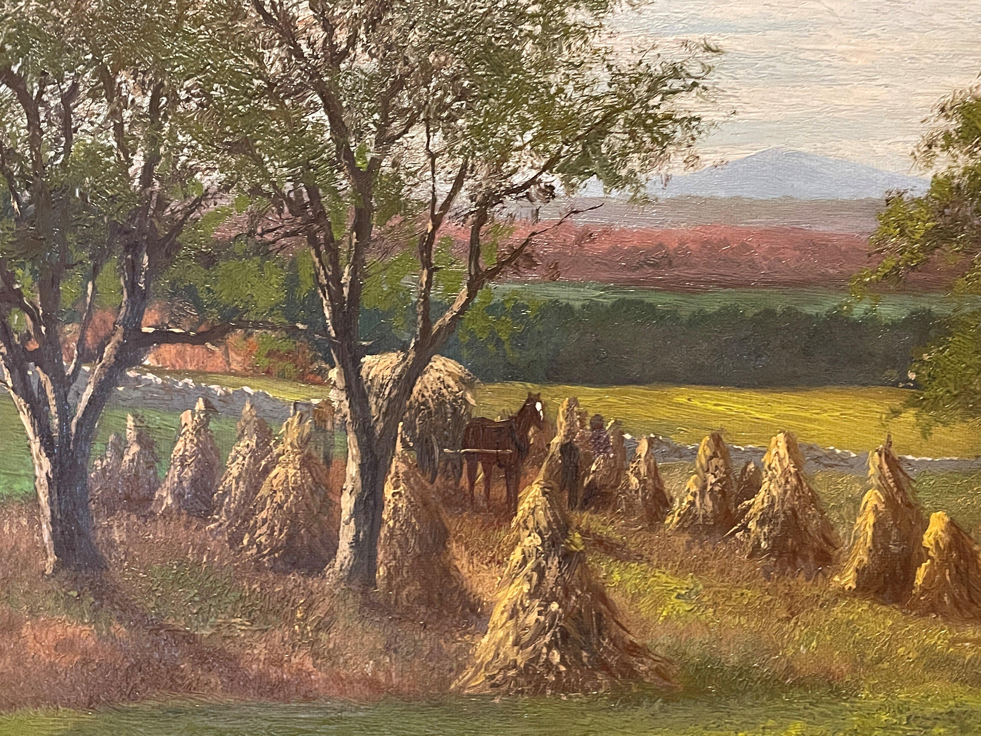 Edward Hill (1843 - 1923)
Haying at a North Conway Farm with Mount Washington in the Distance, New Hampshire
Oil on canvas
13 1/2 x 20 1/2 inches
Signed lower right

Provenance:
Private Collection, Dallas, Texas

Born in Wolverhampton, England in