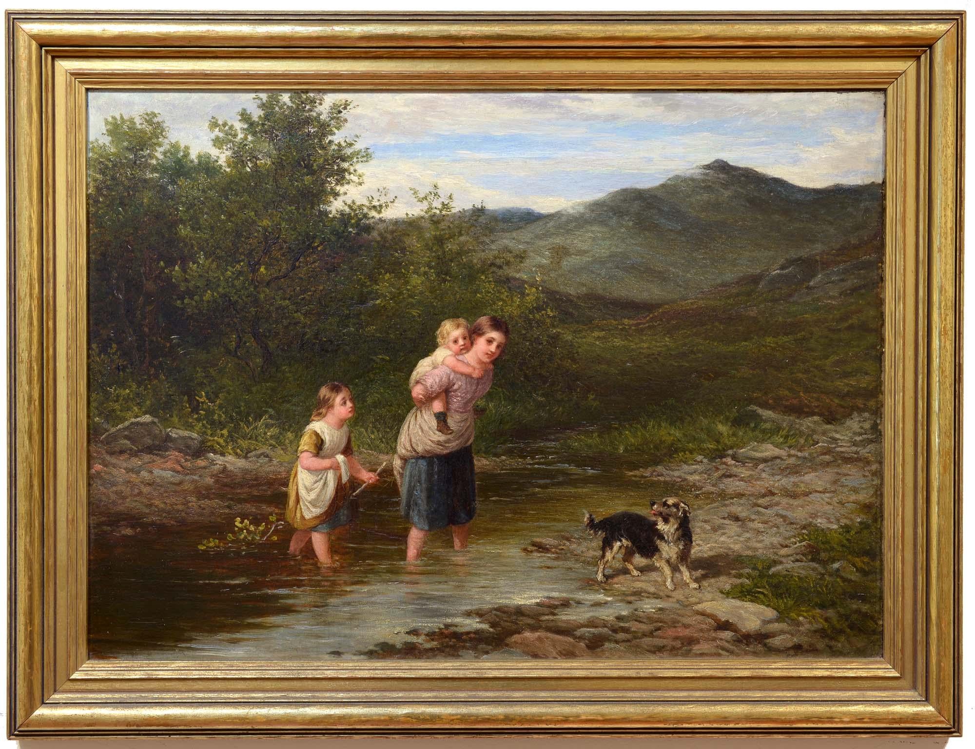 Attraversamento di un ruscello nelle Highlands, Gran Bretagna, Bambini, Figura, Paesaggio - Painting di Edward Holmes