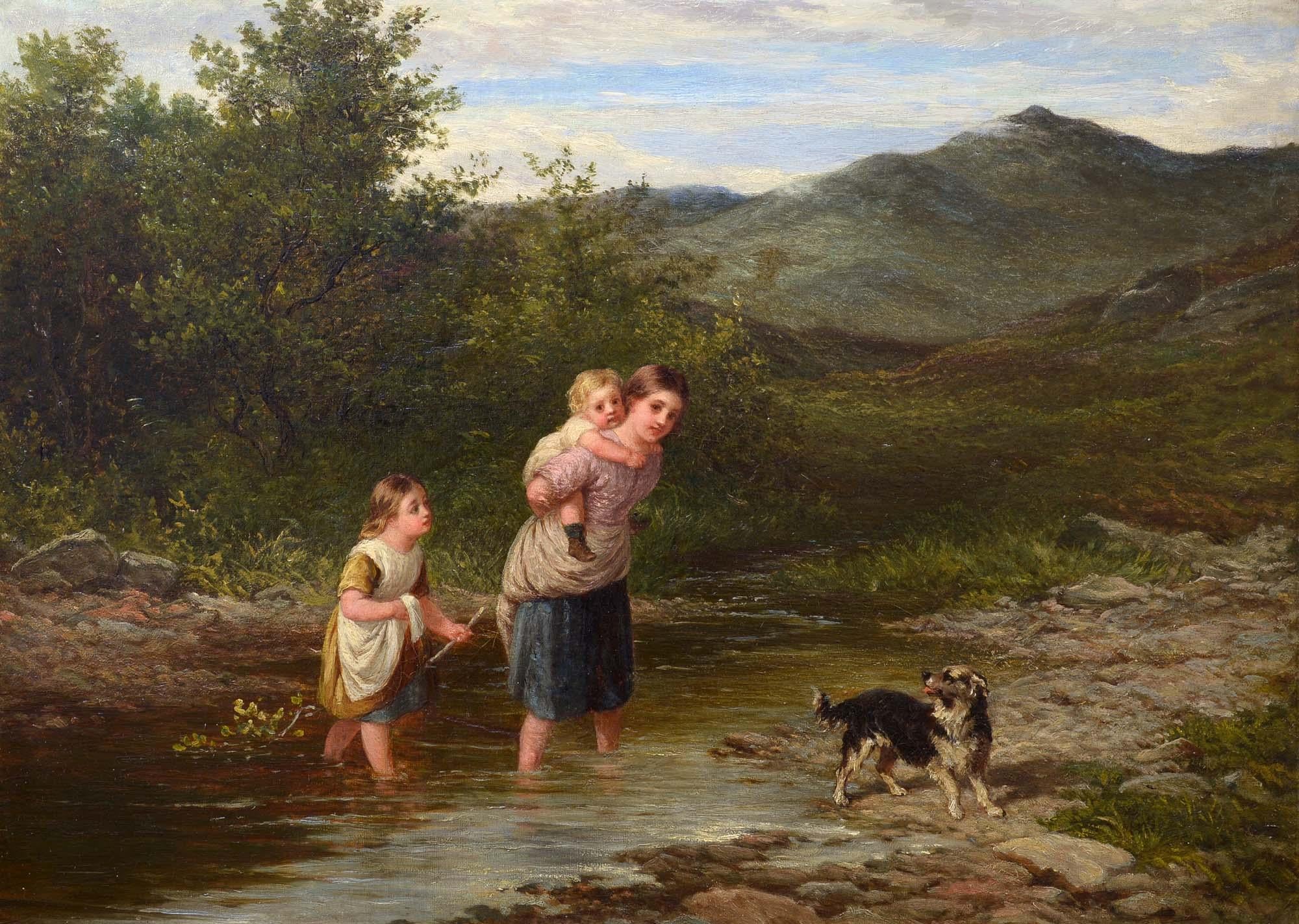 Landscape Painting di Edward Holmes - Attraversamento di un ruscello nelle Highlands, Gran Bretagna, Bambini, Figura, Paesaggio
