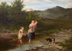 Crossing a Stream in the Highlands, Grande-Bretagne, enfants, figuratif, paysage