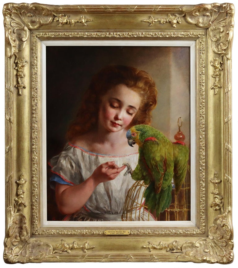 Pretty Young Girl with a Parrott. - Painting by Edward Holmes 