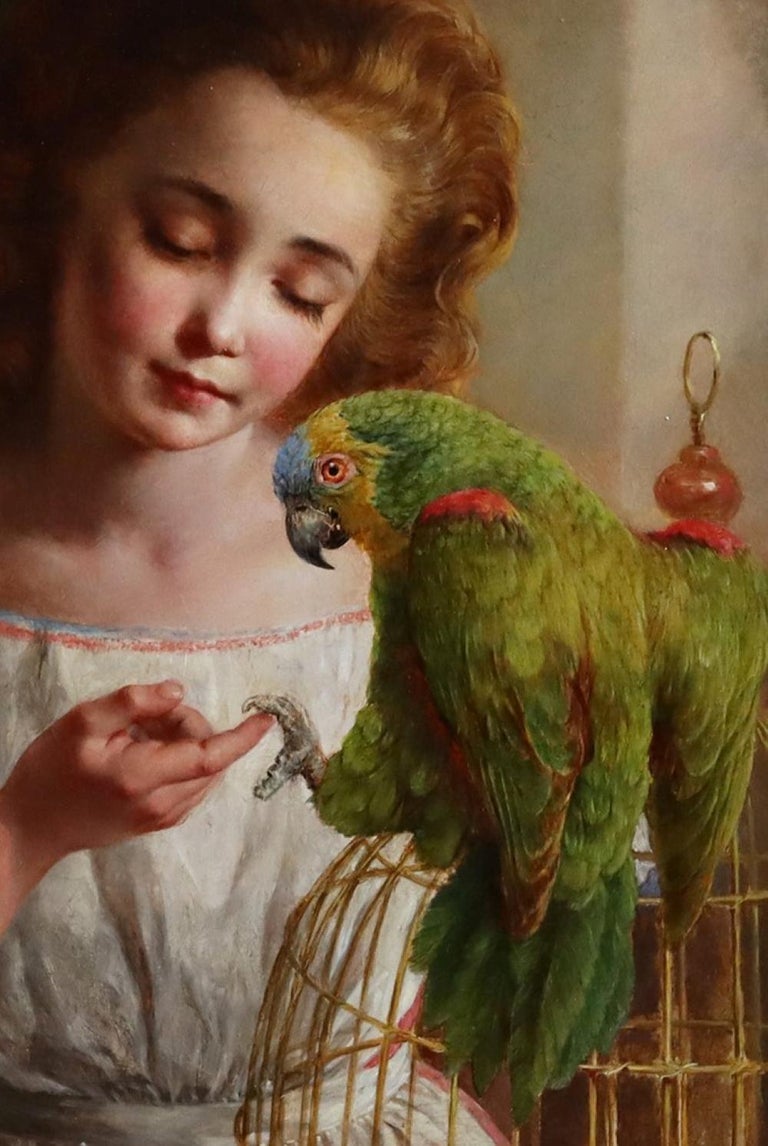 Pretty Young Girl with a Parrott. - English School Painting by Edward Holmes 