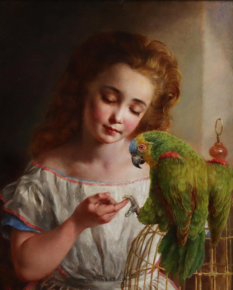 Edward Holmes  Interior Painting - Pretty Young Girl with a Parrott.