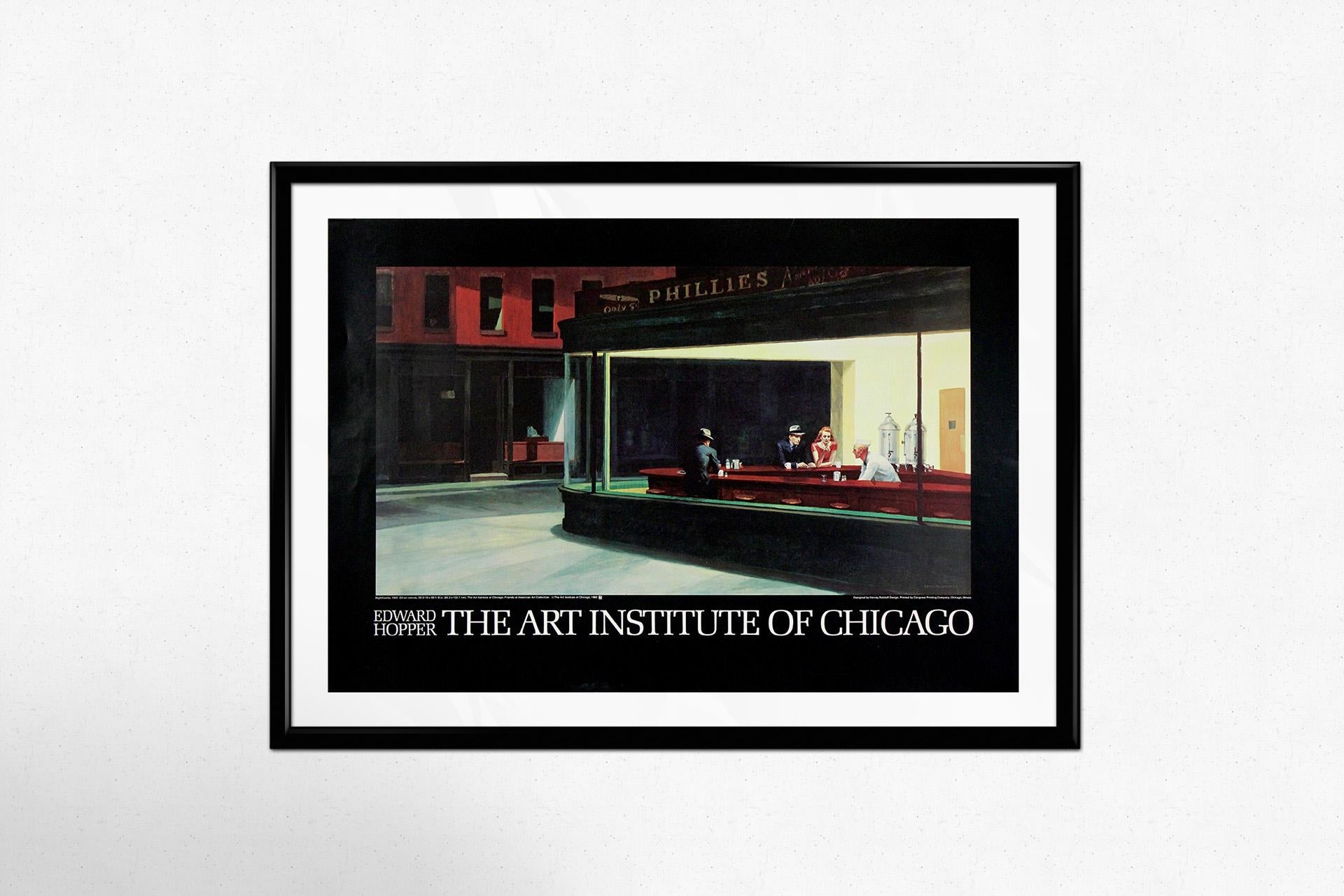 Dieses Originalplakat wurde 1982 für eine Ausstellung im Art Institute of Chicago veröffentlicht, die eines der berühmtesten Gemälde von Edward Hopper zeigte: Nighthawks (1942). Das Gemälde, das Teil der ständigen Sammlung des Museums ist, wurde zu