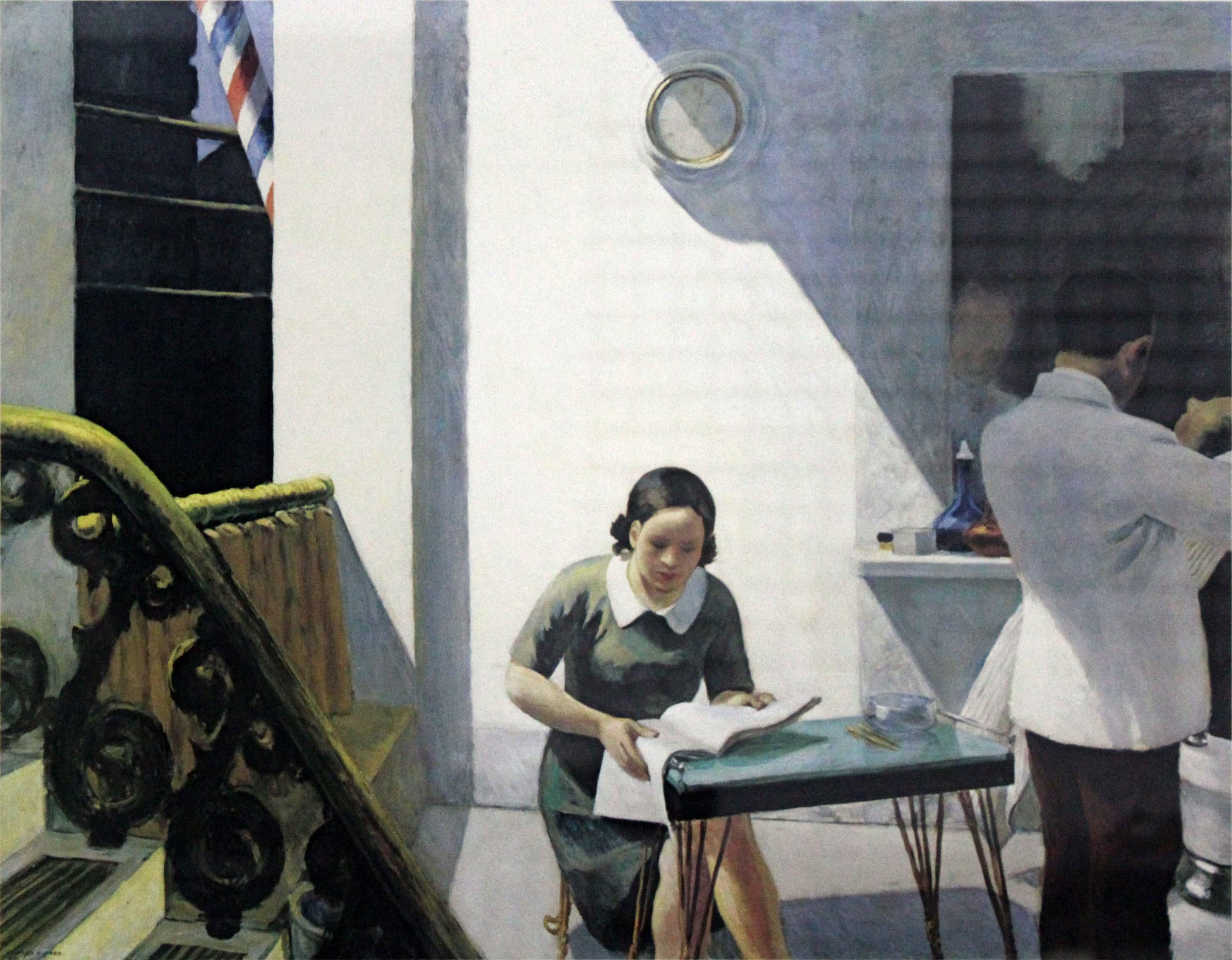 Ein ikonisches Bild für Sammler moderner Americana-Kunst - ein Vintage-Poster im Neuberger Museum State University of New York College at Purchase mit dem berühmten Gemälde The Barber Shop von Edward Hopper. Copyright Trig Graphics Incorporated