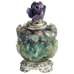 Antique Edward I. Farmer Inkwell in Sterling Silver, Fluorite and Amethyst