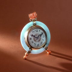Edward I. Farmer Table Clock in Gilt Silver, Jadeite and Coral
