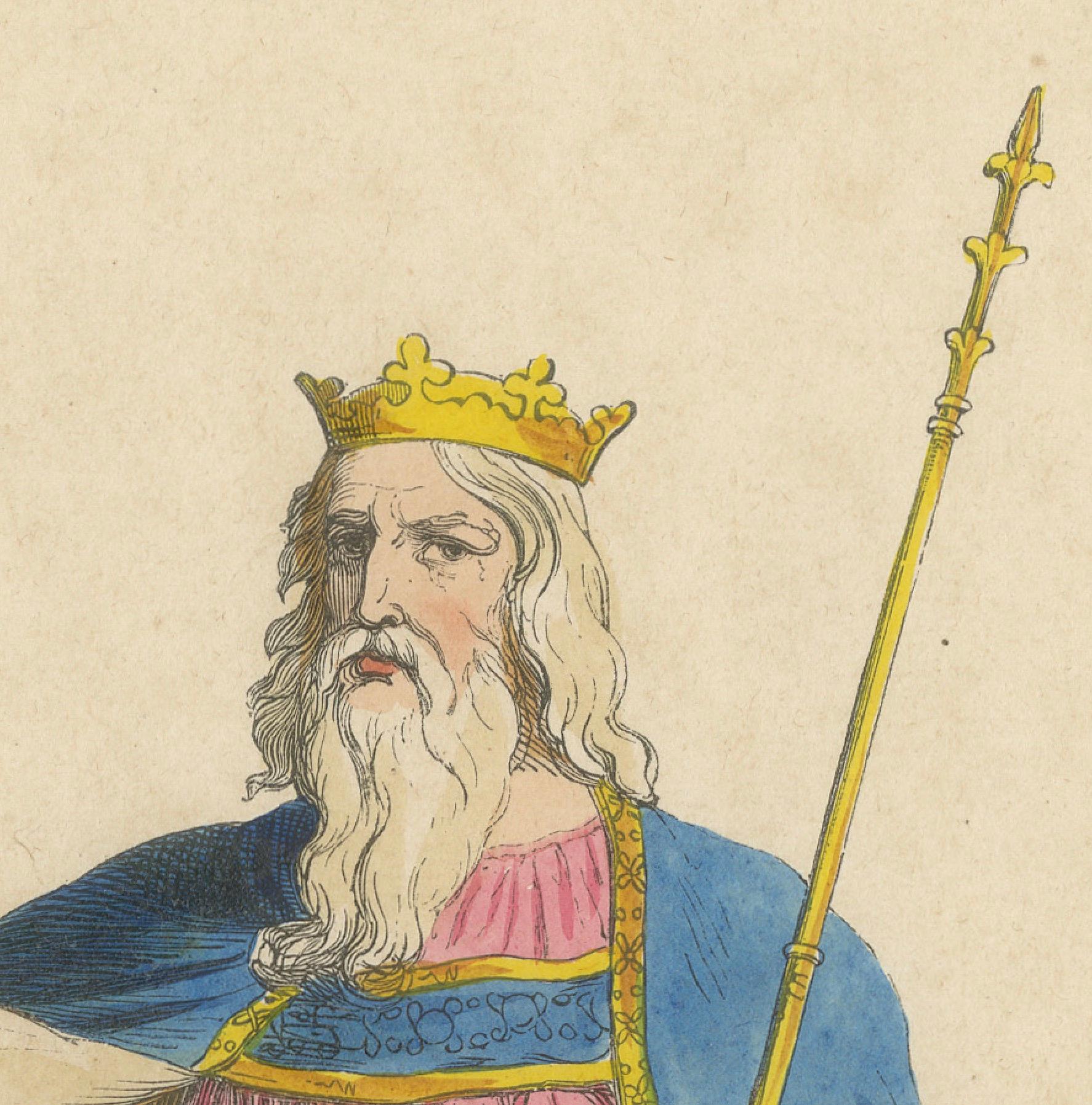 Edward III: Majesty in Medieval Regalia, Hand-Colored Lithograph, 1847 In Good Condition In Langweer, NL