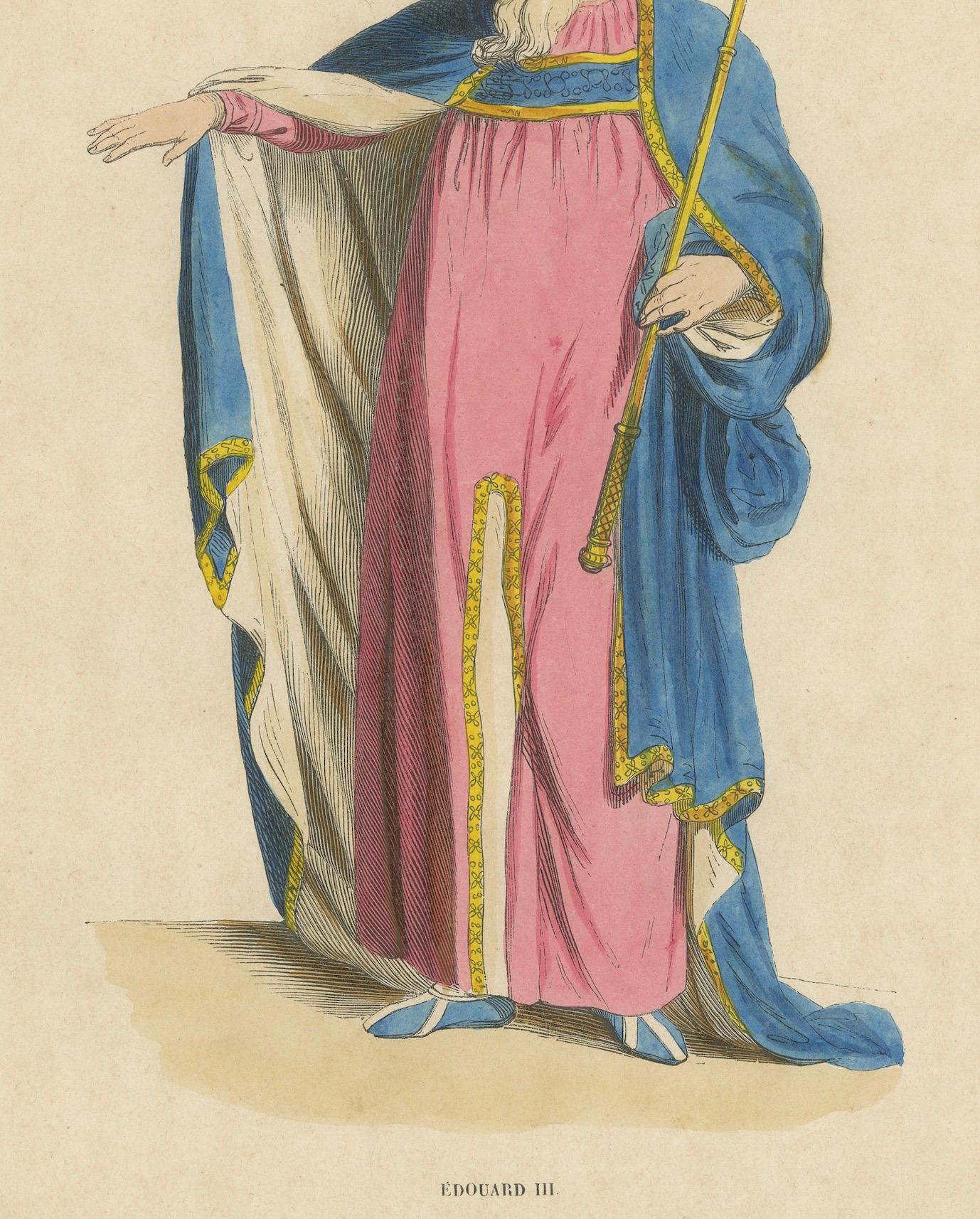 Mid-19th Century Edward III: Majesty in Medieval Regalia, Hand-Colored Lithograph, 1847
