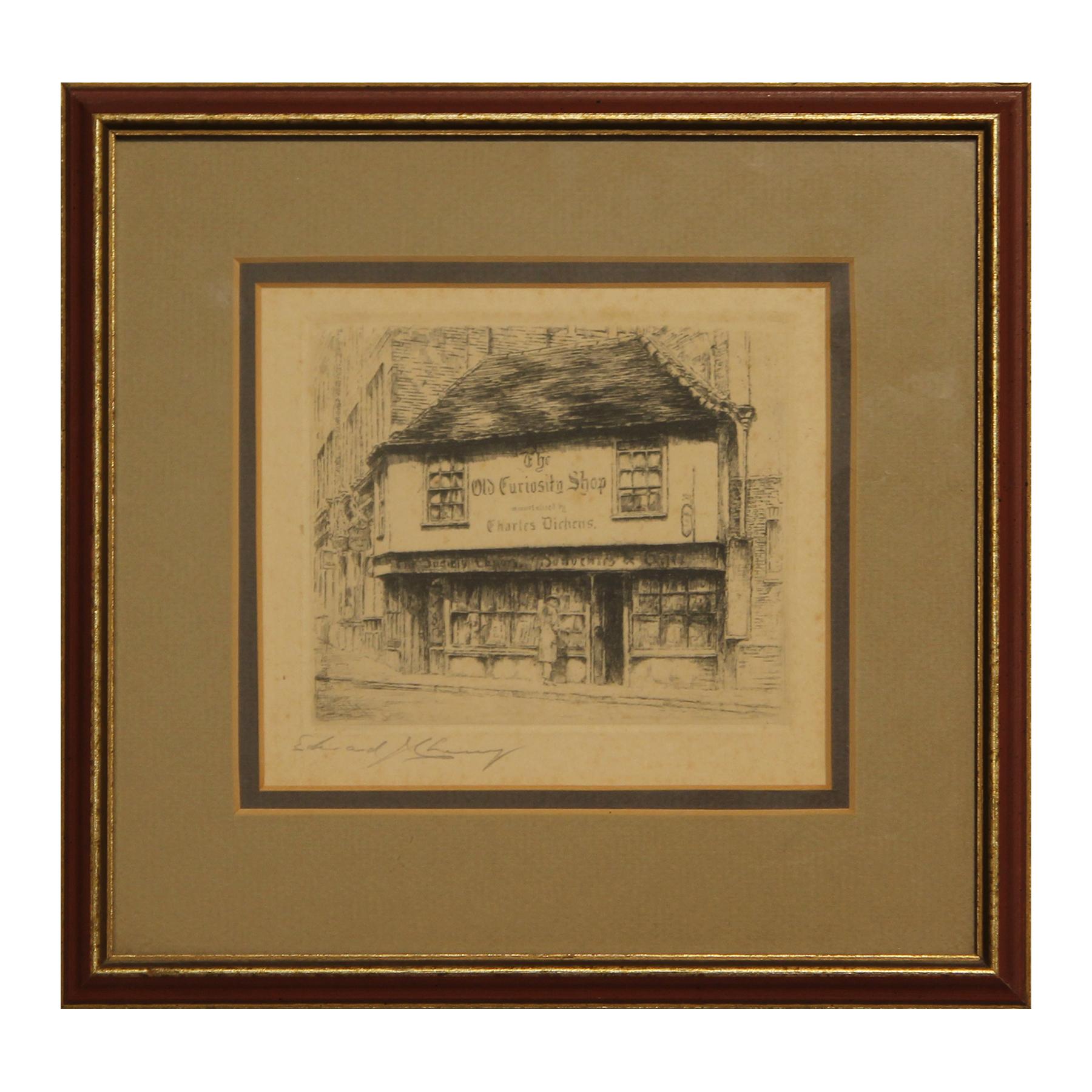 Edward J. Cherry Landscape Print - The Old Curiosity Shop Immortalized by Charles Dickens Realist Landscape Etching