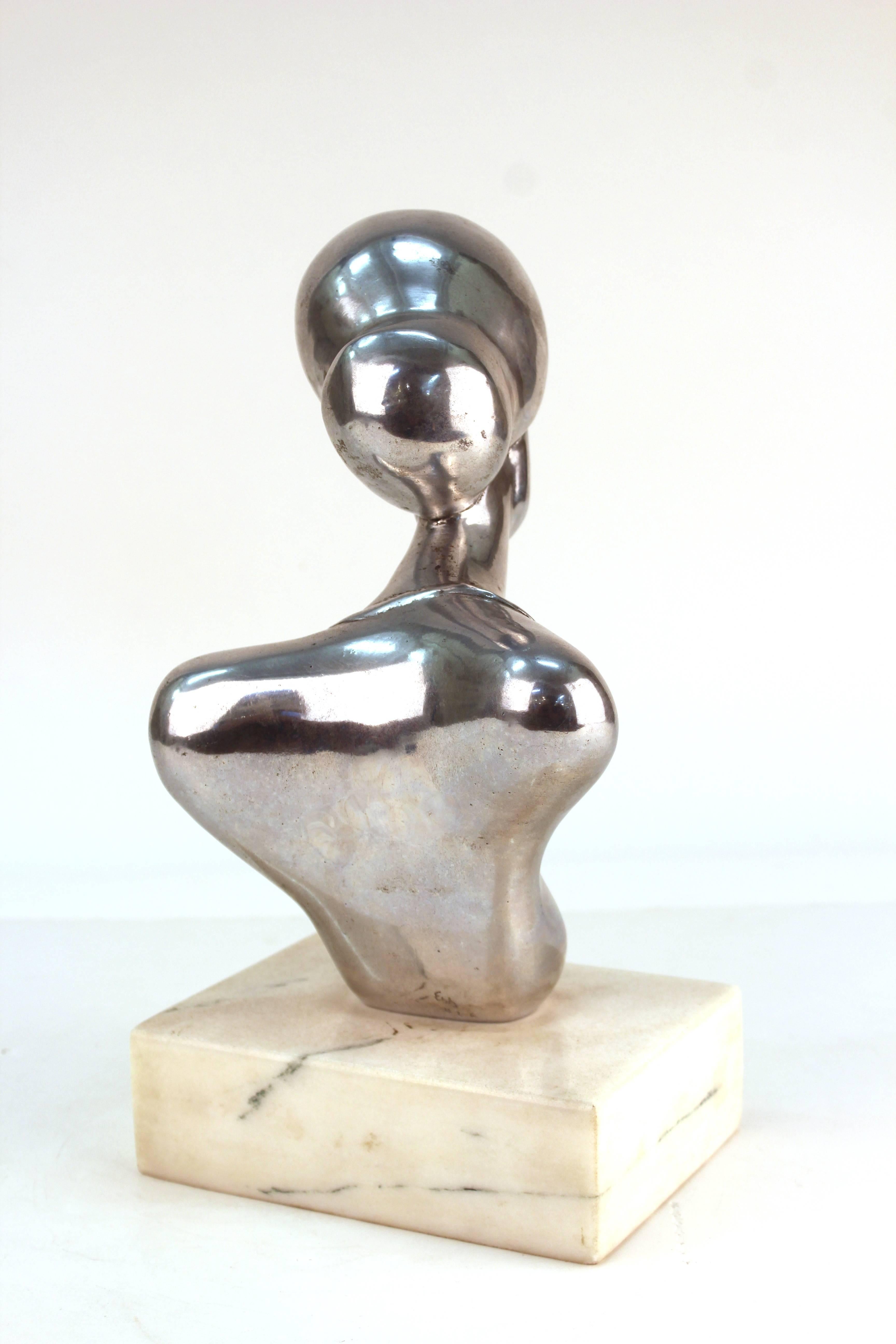 American Edward J. Walsh Nickel Plated Bronze Female Bust Sculpture on Marble Base