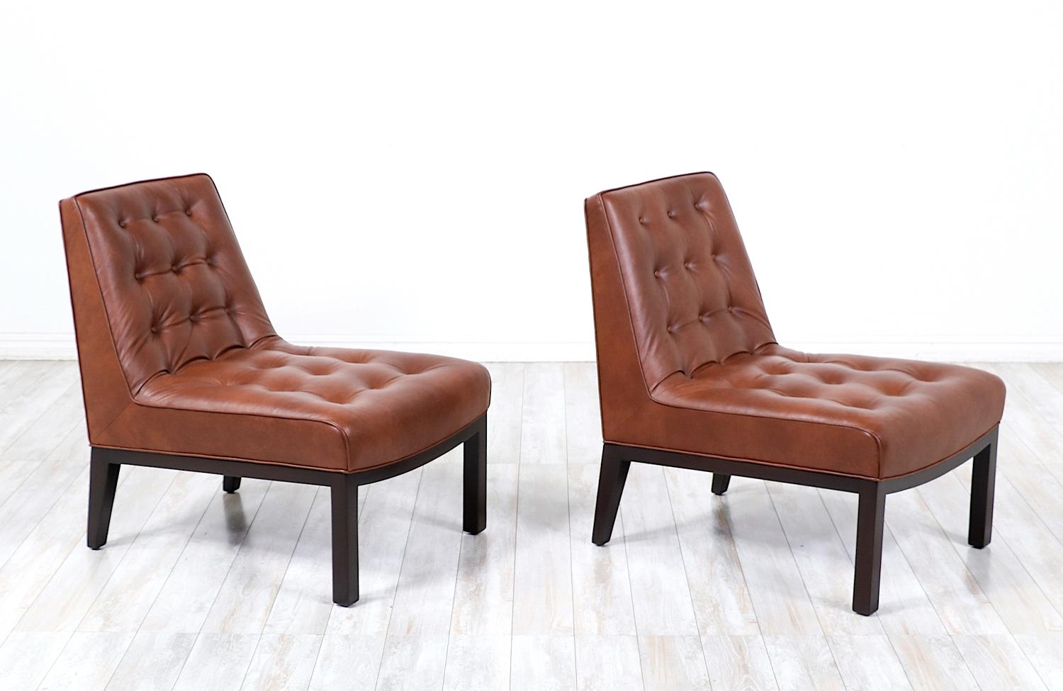Mid-Century Modern Expertly Restored - Edward J. Wormley Cognac Leather Slipper Chairs for Dunbar For Sale