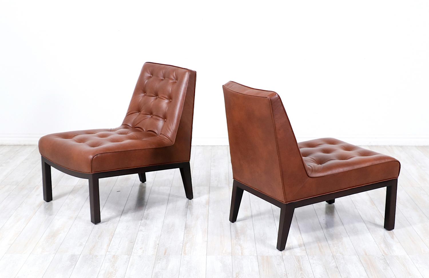 Expertly Restored - Edward J. Wormley Cognac Leather Slipper Chairs for Dunbar In Excellent Condition For Sale In Los Angeles, CA