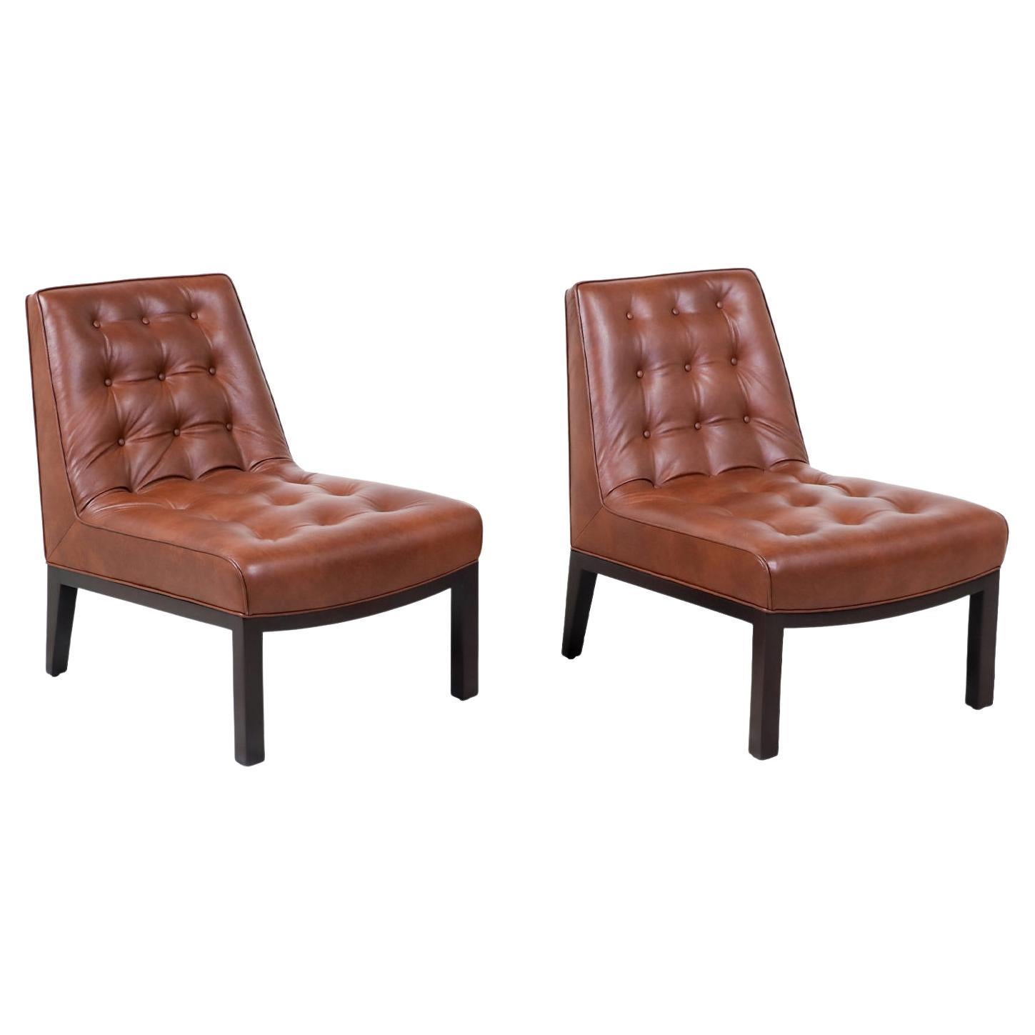 Chaises pantoufles en cuir cognac restaurées de manière experte par Edward J. Wormley pour Dunbar