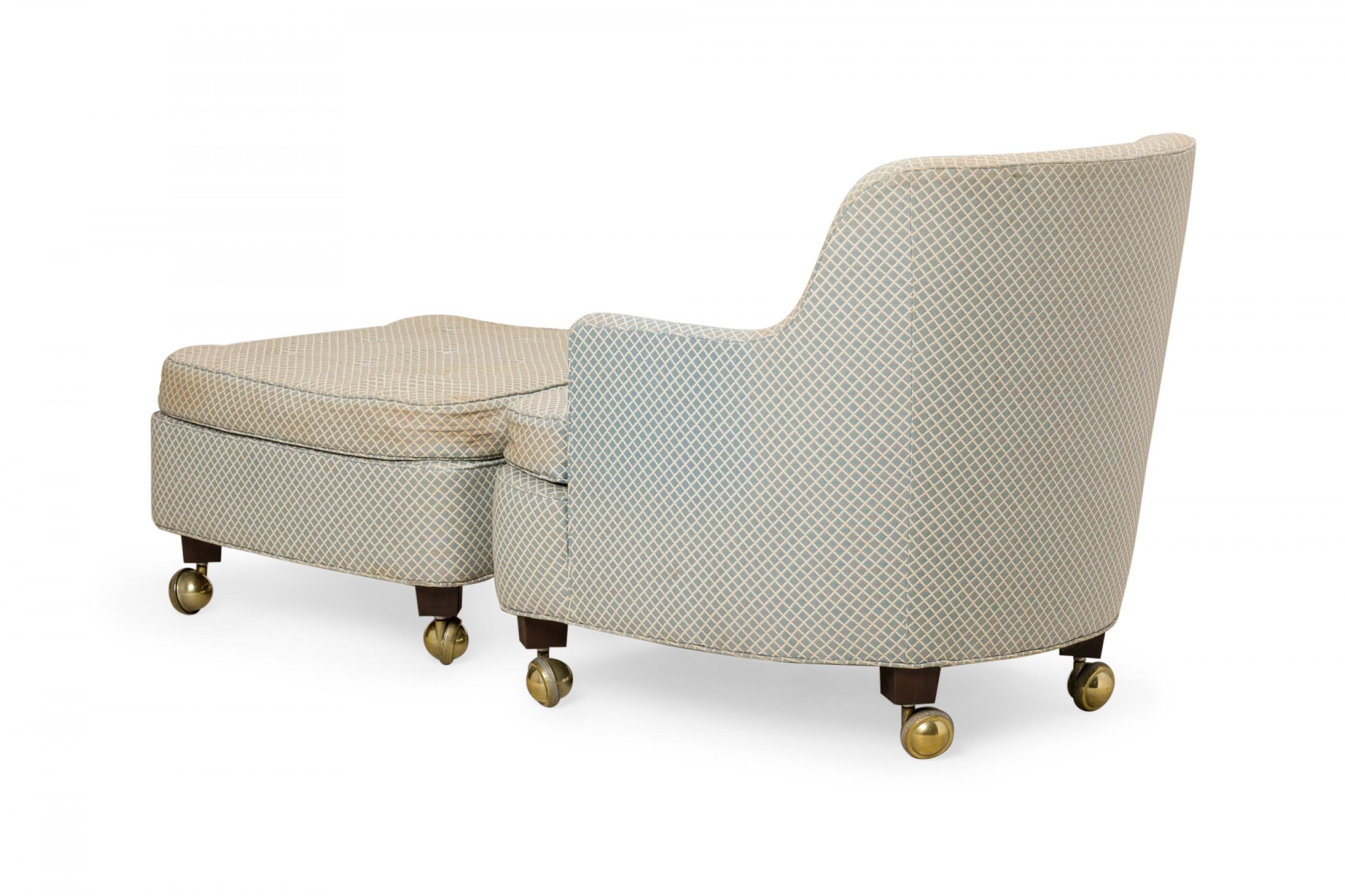 Mid-Century Modern Edward J Wormley for Dunbar Blue Diamond Patterned Lounge Armchair and Ottoman For Sale