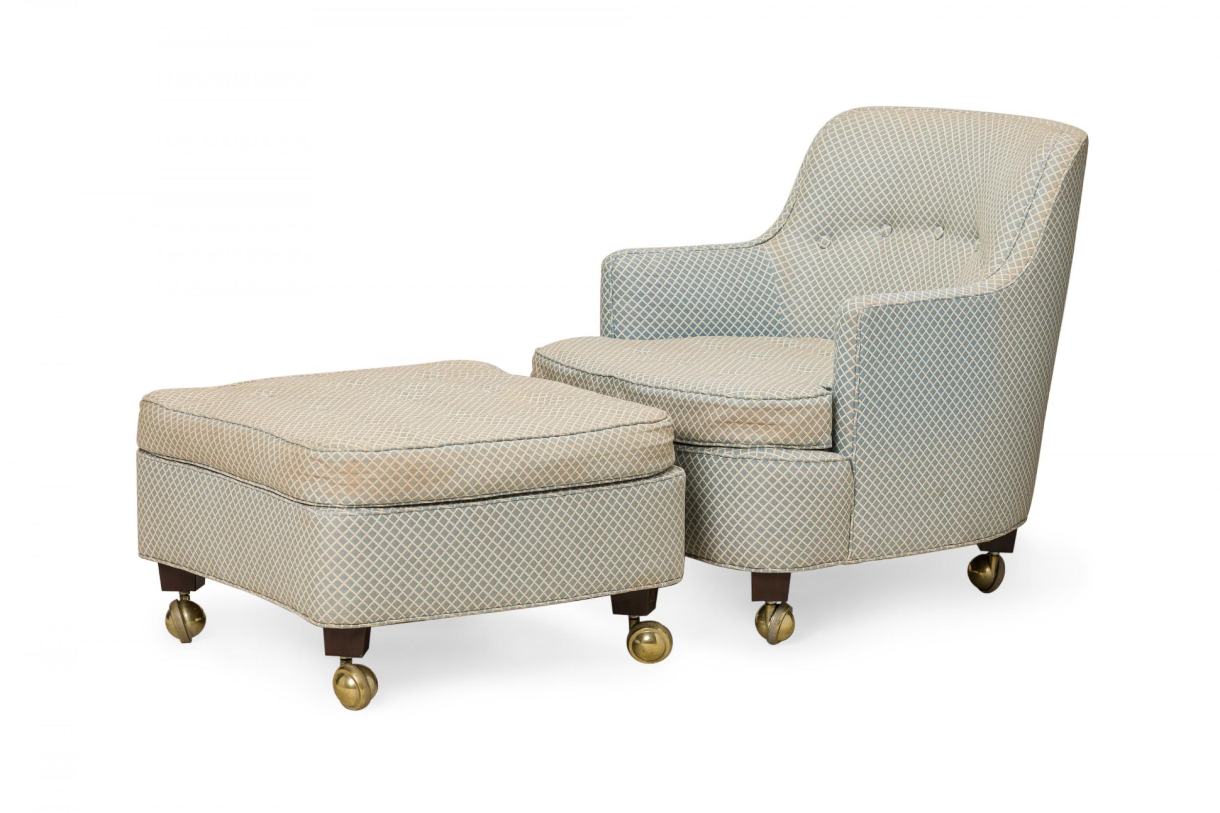 Edward J Wormley for Dunbar Blue Diamond Patterned Lounge Armchair and Ottoman For Sale