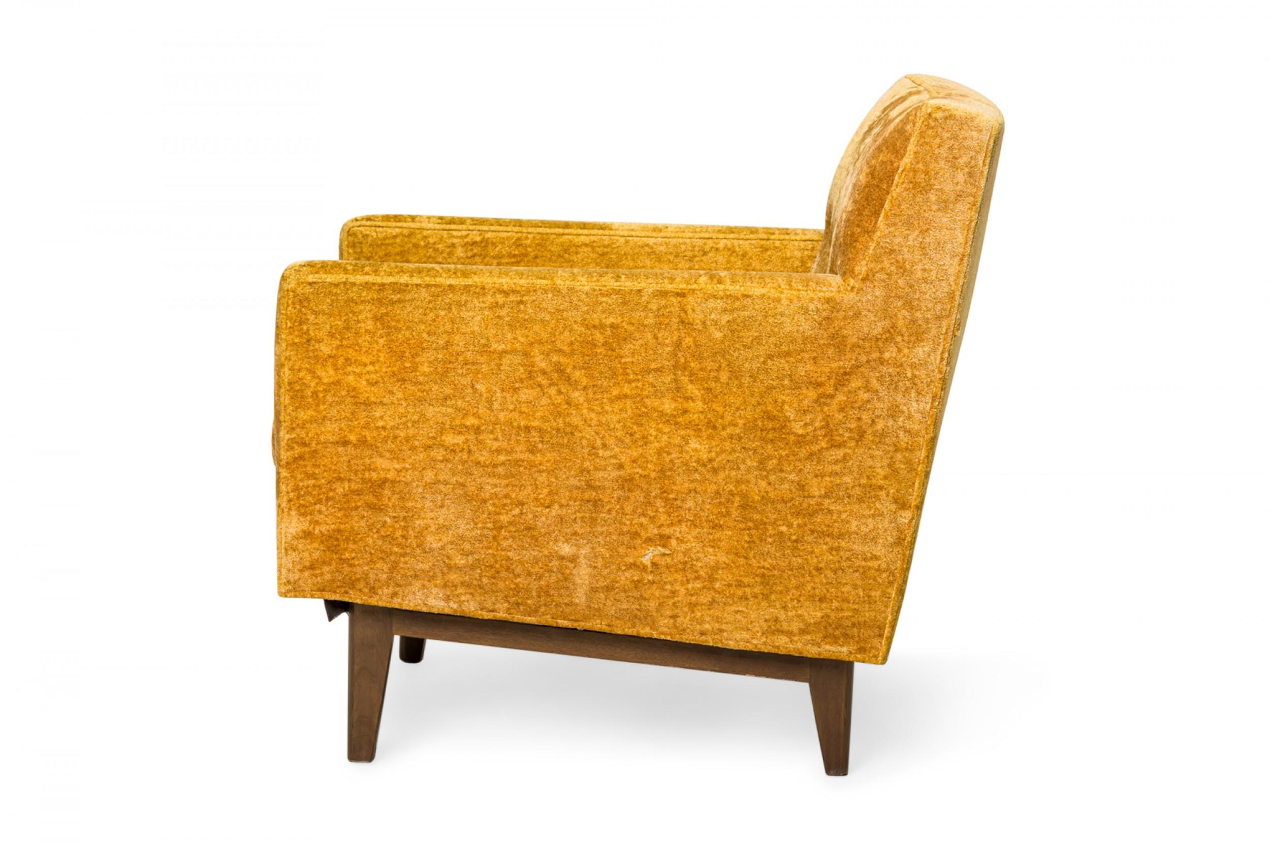 Mid-Century Modern Edward J Wormley for Dunbar Crushed Gold Velour and Walnut Lounge Armchair For Sale