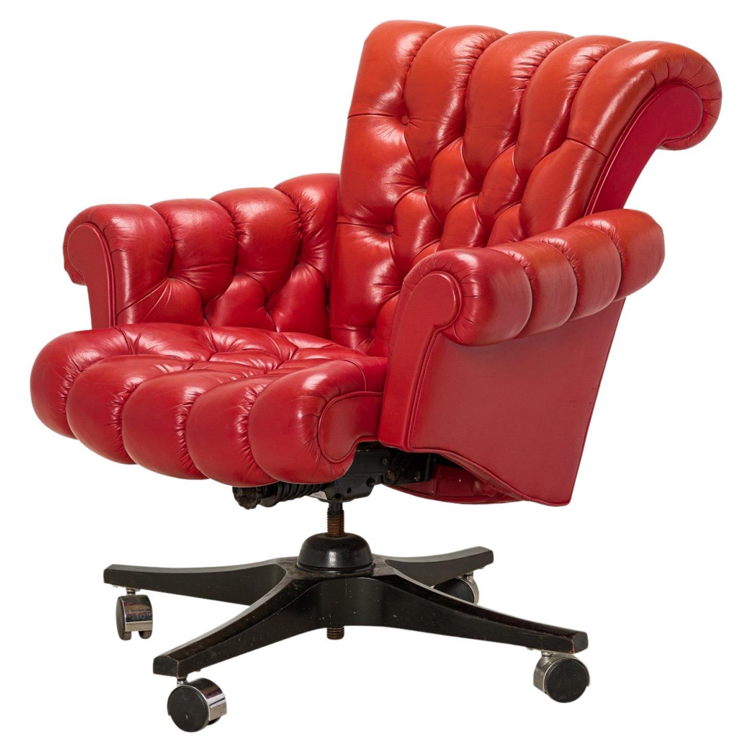 Edward J Wormley for Dunbar 'In Clover' Tufted Red Leather Rolling Office Chair For Sale