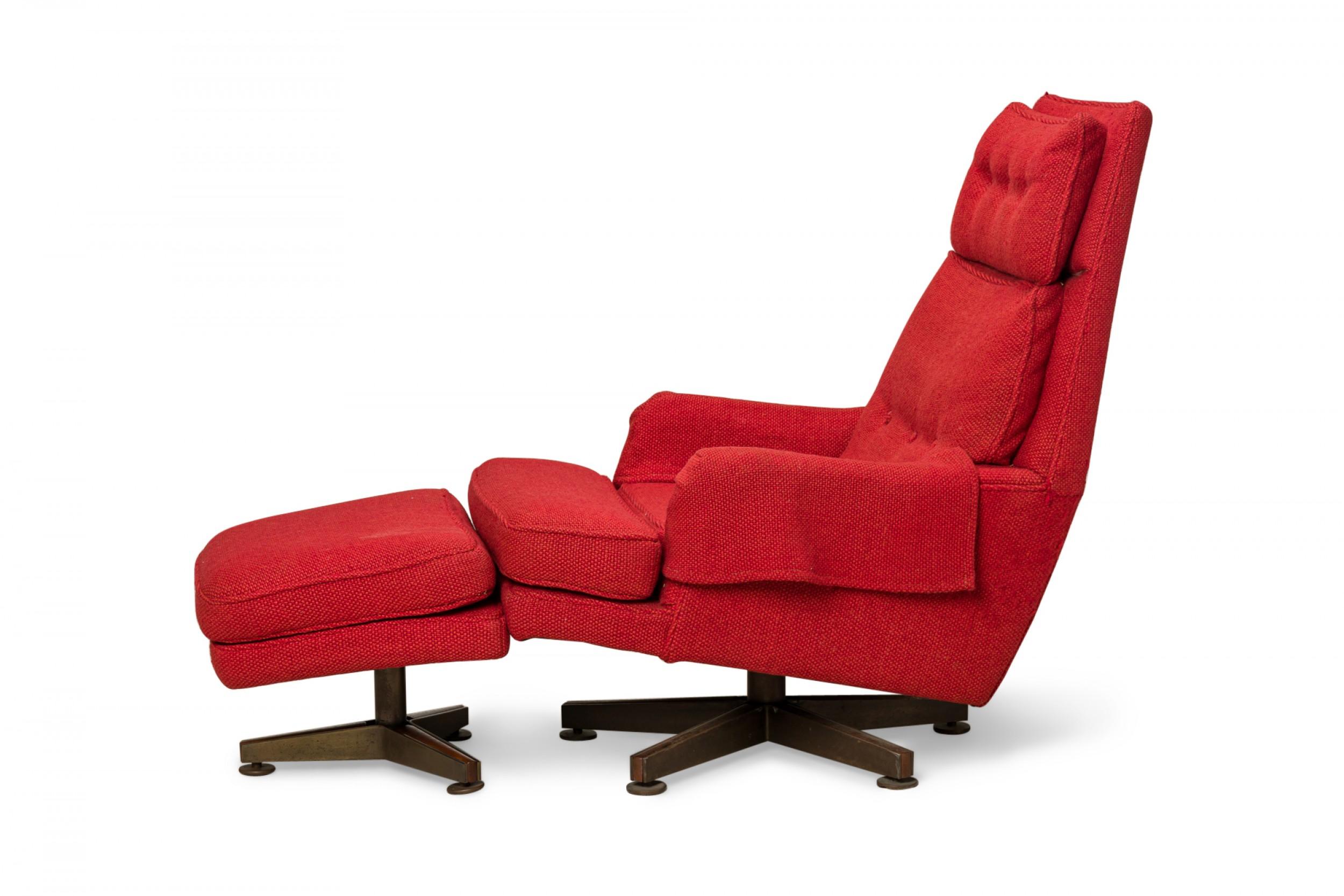 Mid-Century Modern Edward J Wormley for Dunbar Red Upholstered Swivel Lounge Chair and Footstool For Sale