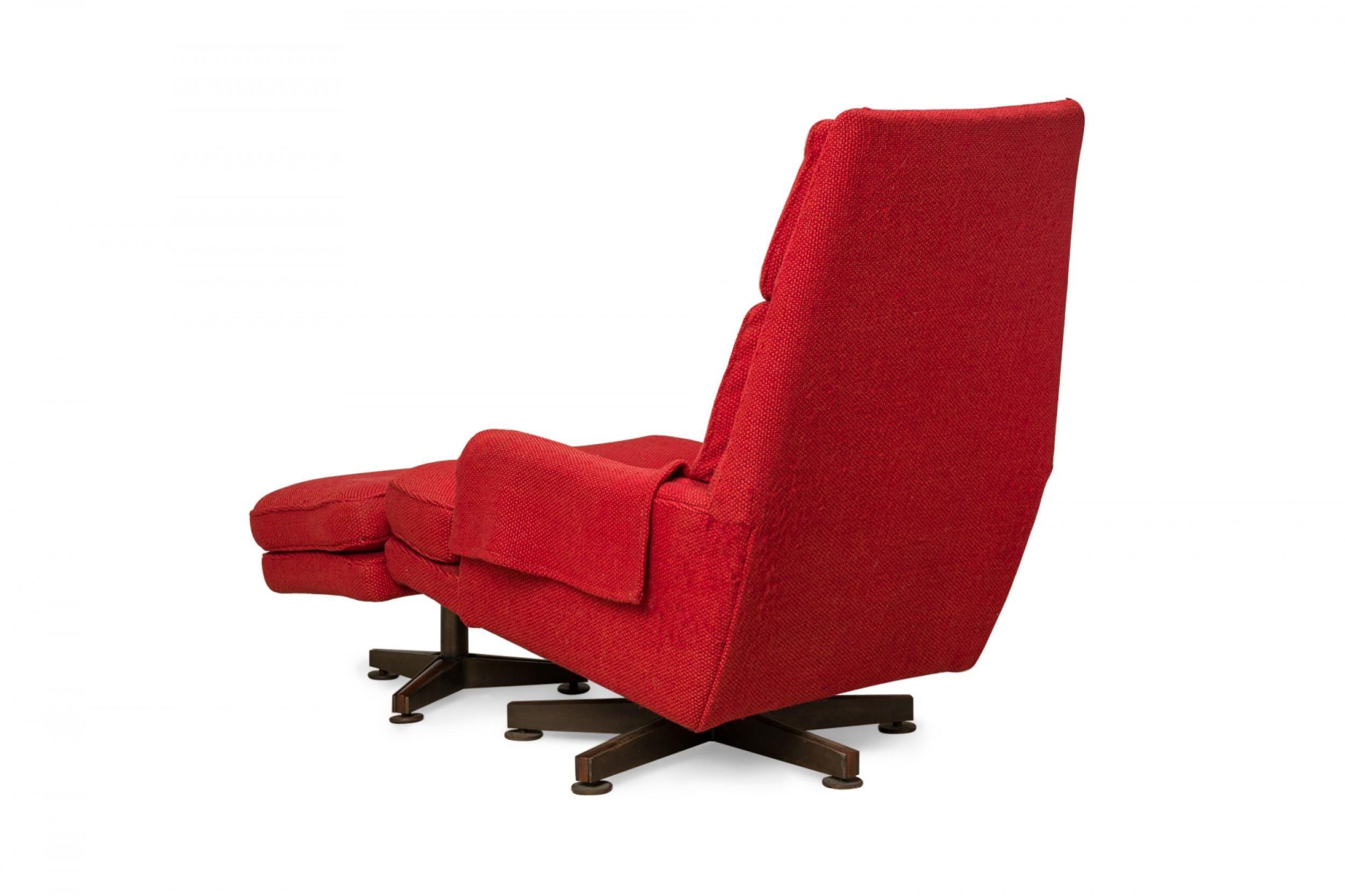 American Edward J Wormley for Dunbar Red Upholstered Swivel Lounge Chair and Footstool For Sale