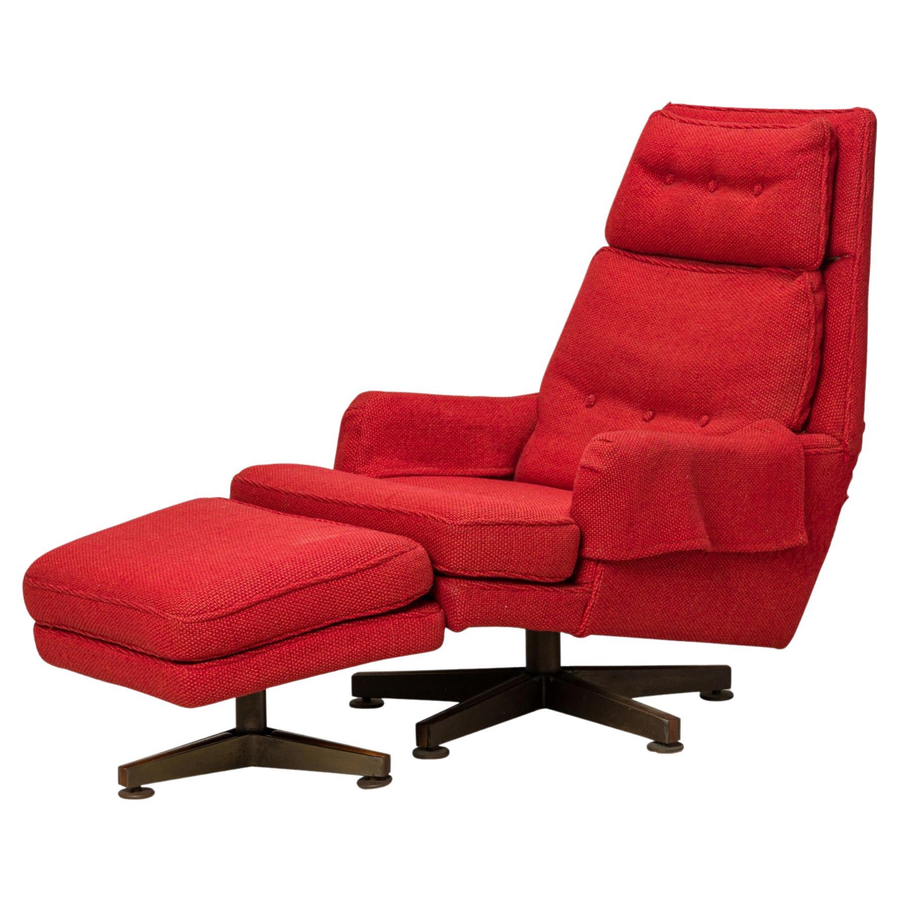 Edward J Wormley for Dunbar Red Upholstered Swivel Lounge Chair and Footstool For Sale