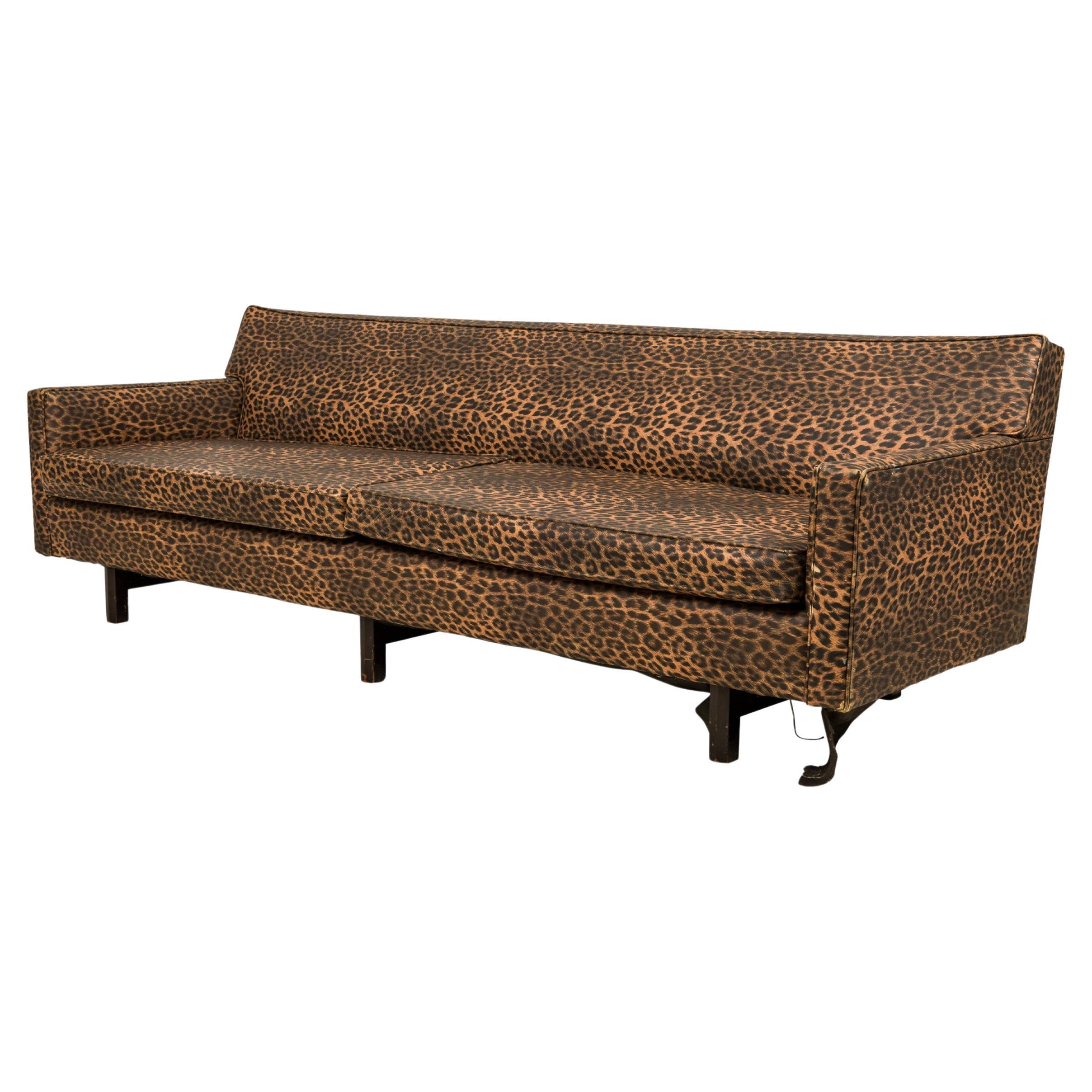 Edward J Wormley for Dunbar Vinyl Leopard Print Upholstered Three Seat Sofa For Sale