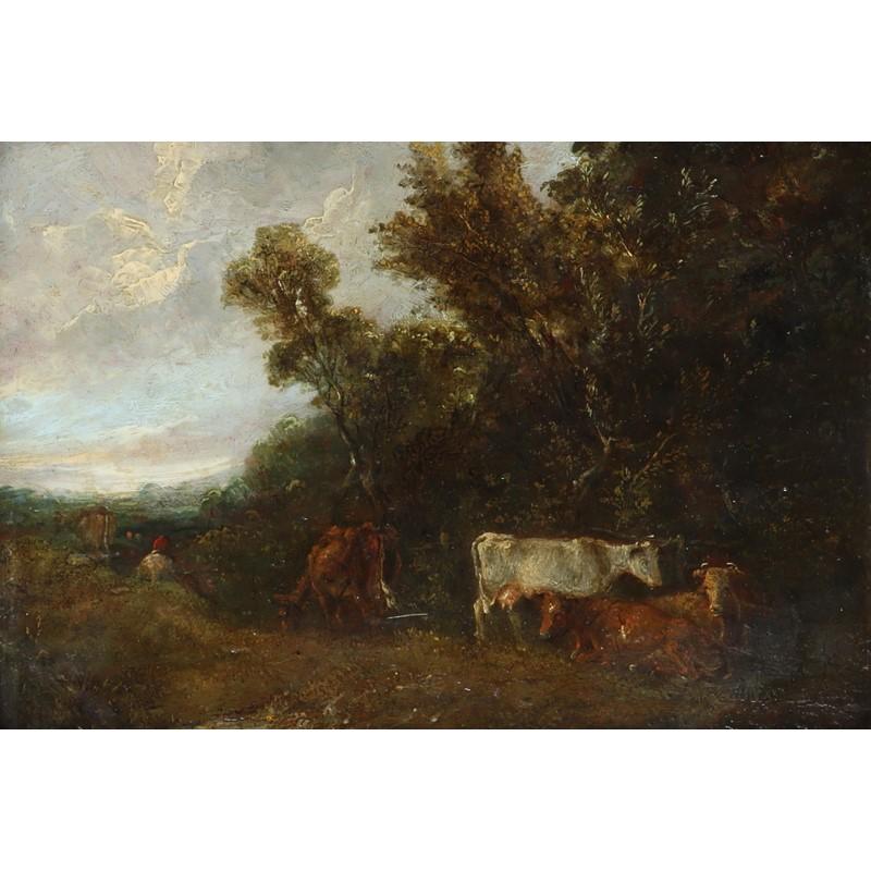Englische Landschaft aus der Mitte des viktorianischen Zeitalters mit Rindern und einem Dächern am Teich, Öl auf Tafel – Painting von Edward John Cobbett