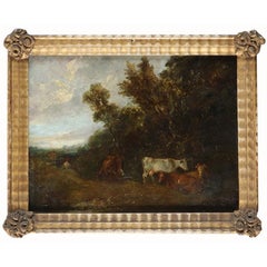 Antique Mid Victorian English Landscape with cattle and a drover by a pond, oil on panel