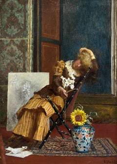 "Woman with Lilies" 1882 by Edward John Gregory British Interior Aesthetic Oil