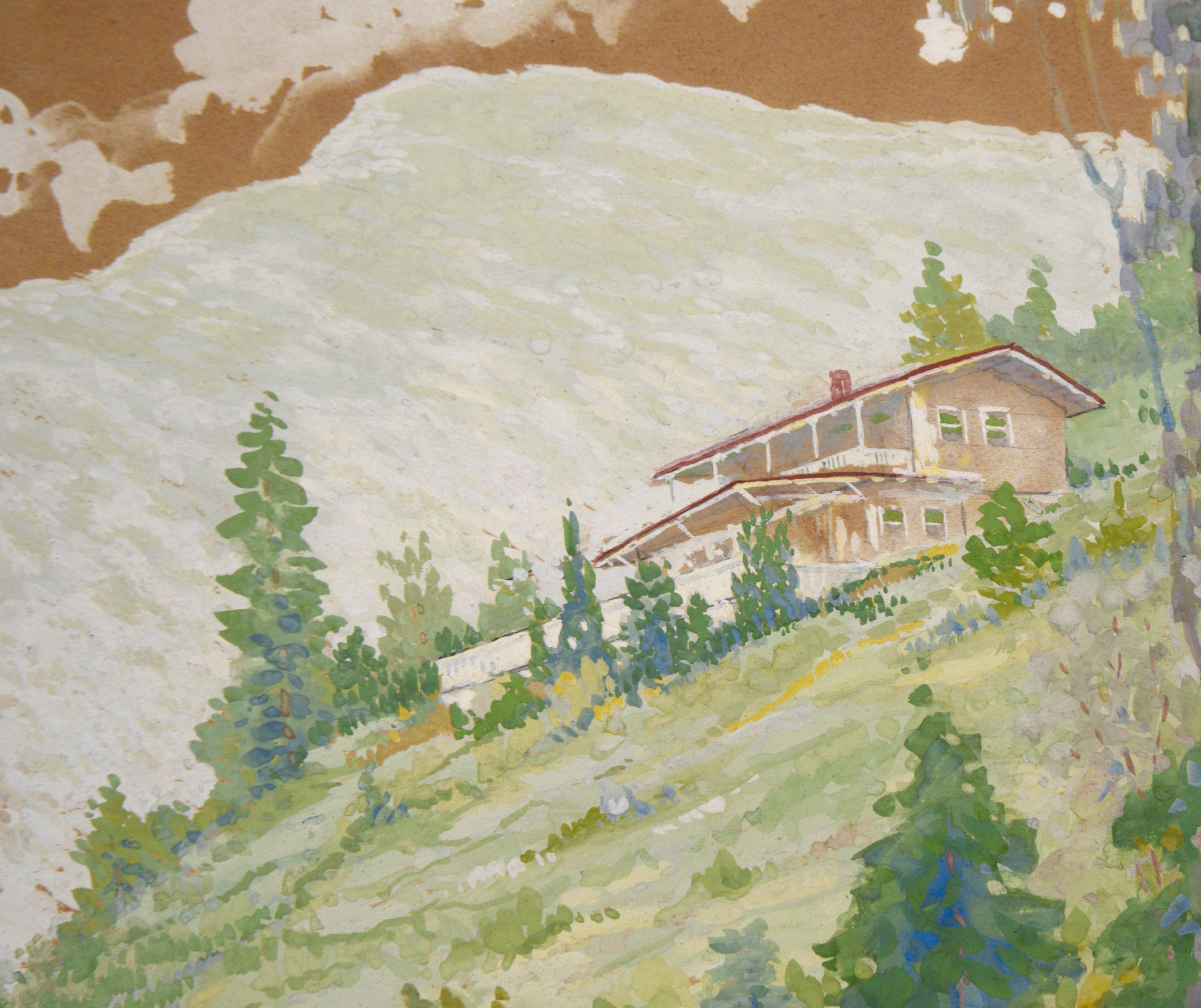 Sehr detaillierte Landschaft mit Haus und Auto von Edward K. Williams (Amerikaner, 1870-1950). Ein großes Haus steht auf einer Anhöhe und blickt auf eine Straße, die am Fluss entlangführt. Drei Personen fahren in einem Auto aus den 1930er Jahren die