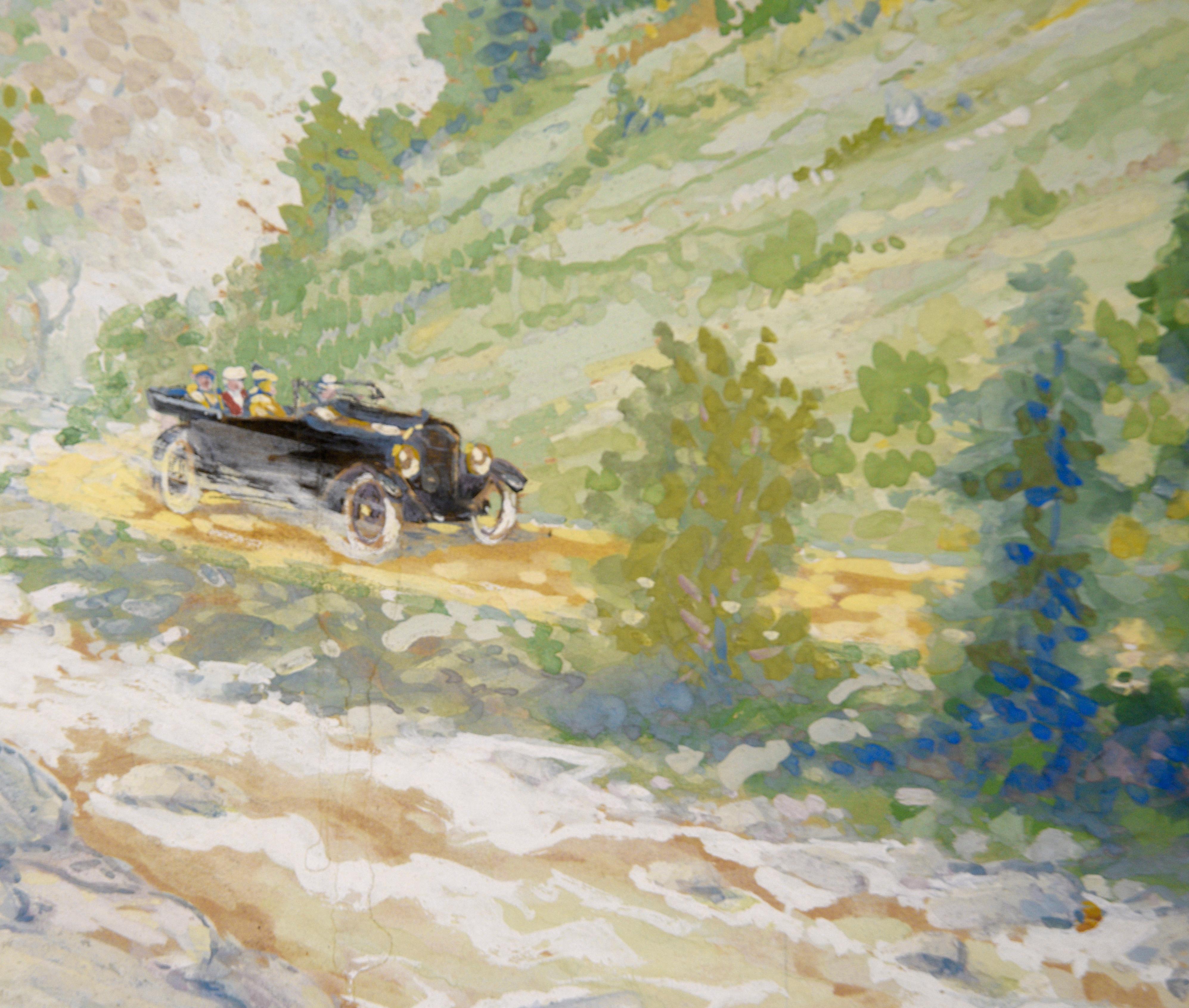 Sunday Drive in the Hills - Gouache on Cardboard - Beige Figurative Painting by Edward K. Williams