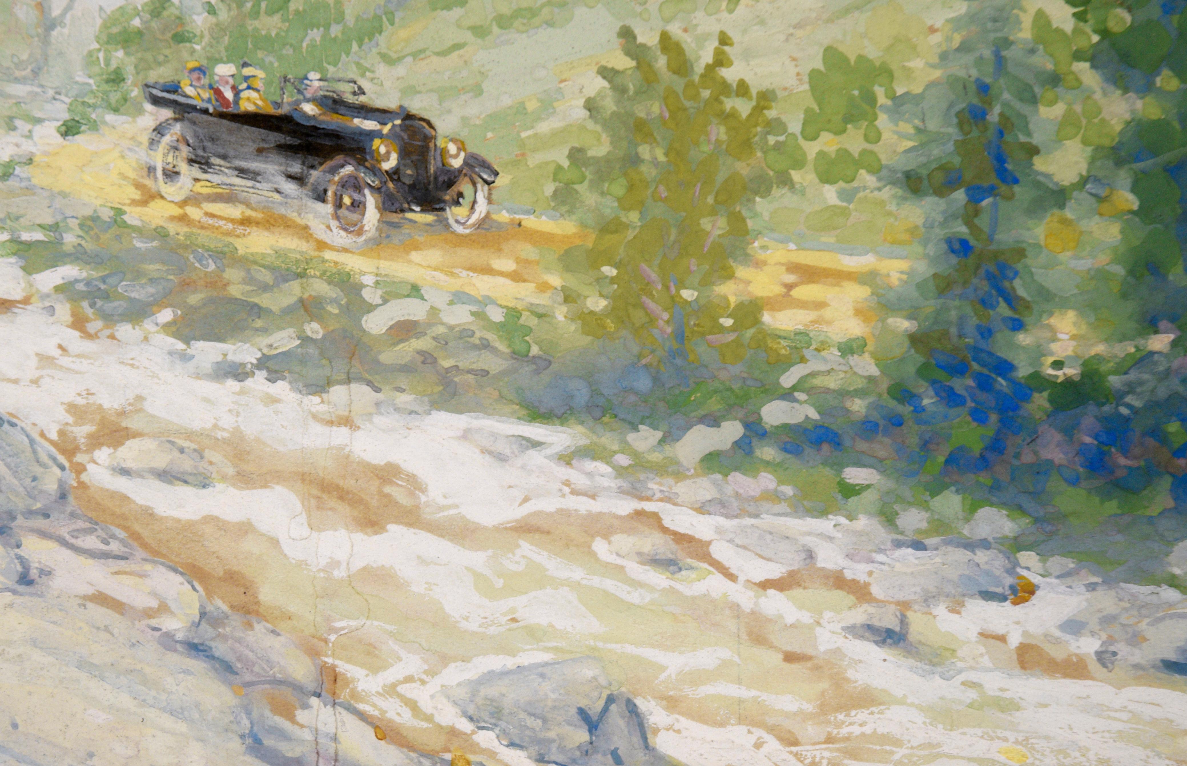 Sunday Drive in the Hills - Gouache on Cardboard For Sale 1
