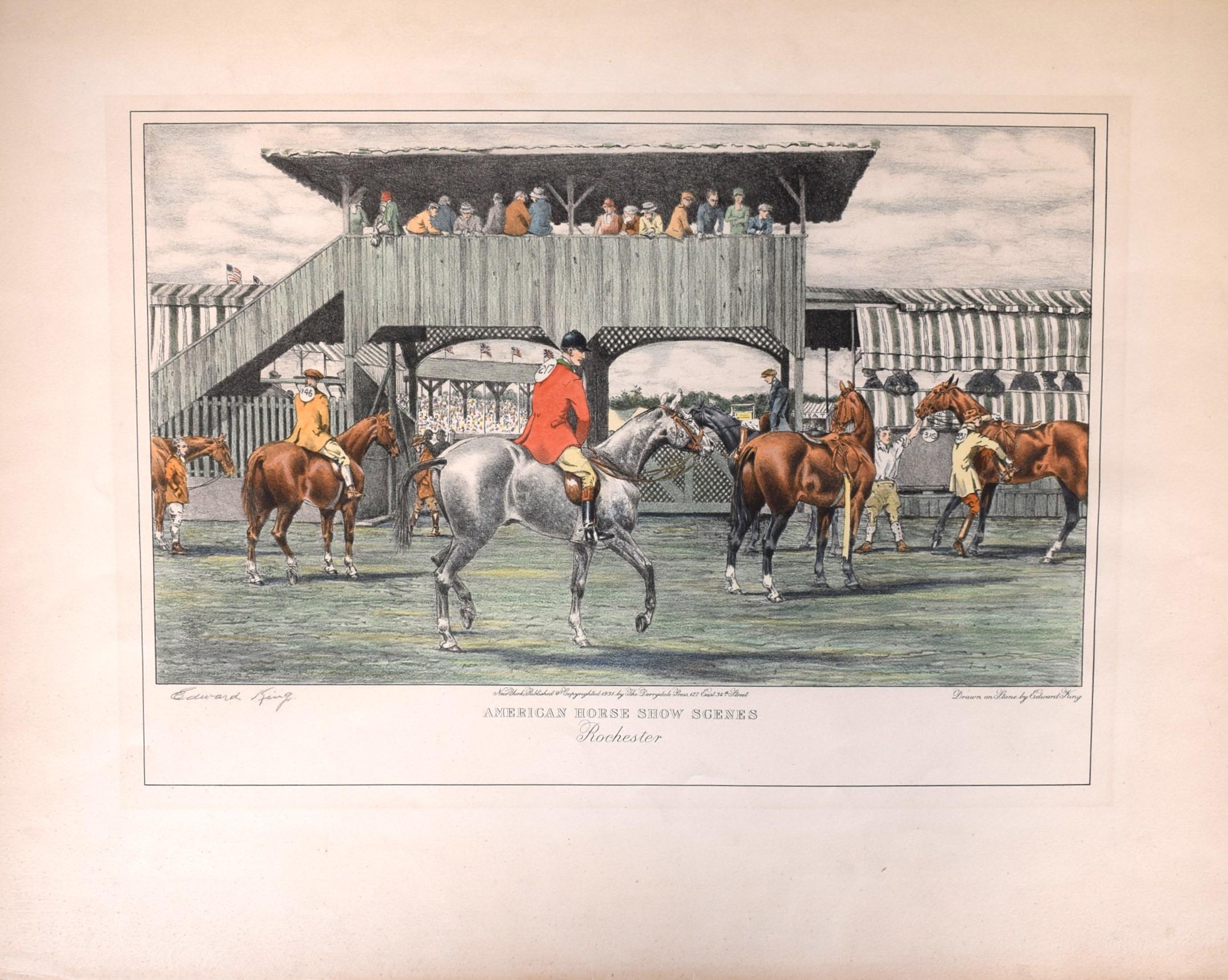 Edward King (American; 1886- 1962)
American Horse Show Scenes, Rochester, 1931
Lithograph on paper
Signed to the lower left
Limited Edition of 250
Published by The Derrydale Press

Print Sz: 13 1/2"H x 19"W

Drawn on stone

Mat Sz: 20 1/8"H x 25"W