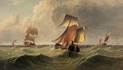 Antique British Marine Oil Painting Sailing Ship in Stormy Seas off Cliffs