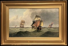 Antique British Marine Oil Painting Sailing Ship in Stormy Seas off Cliffs