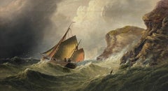 Antique Oil Sailing Vessel in Stormy Seas off Cliffs British Marine Oil Painting