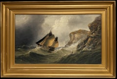 Antique Oil Sailing Vessel in Stormy Seas off Cliffs British Marine Oil Painting