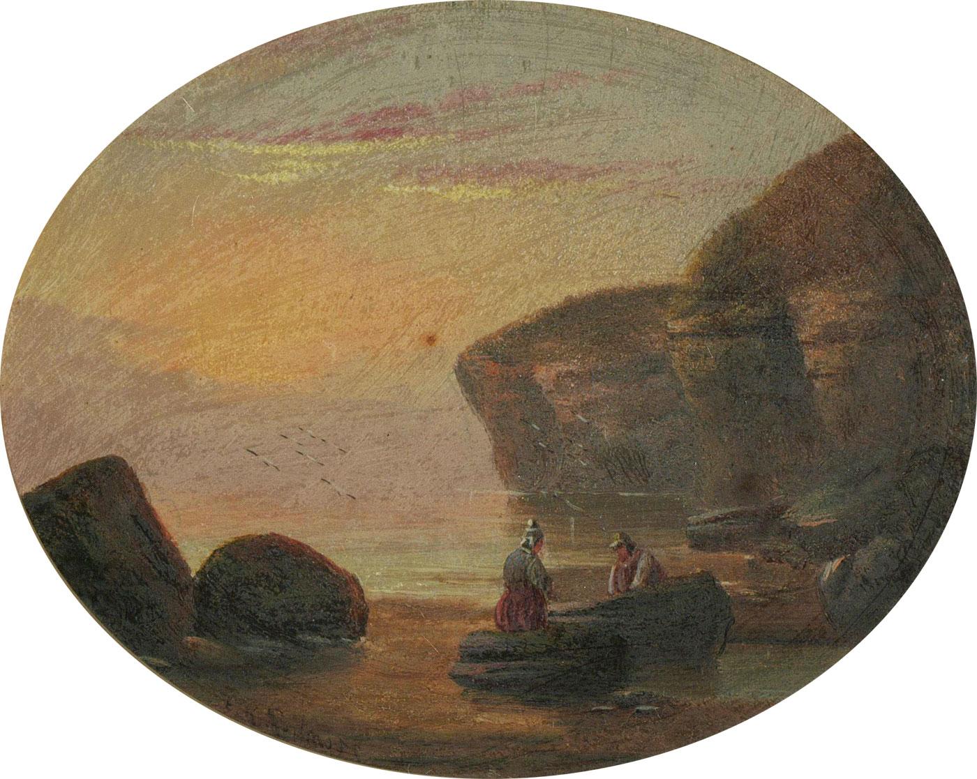 An oval coastal scene with two figures sat on the shore with seagulls soaring overhead. Presented in a pink mount and an ornate gilt-effect wooden frame with swept corners. Signed to the lower-left edge. On board.

