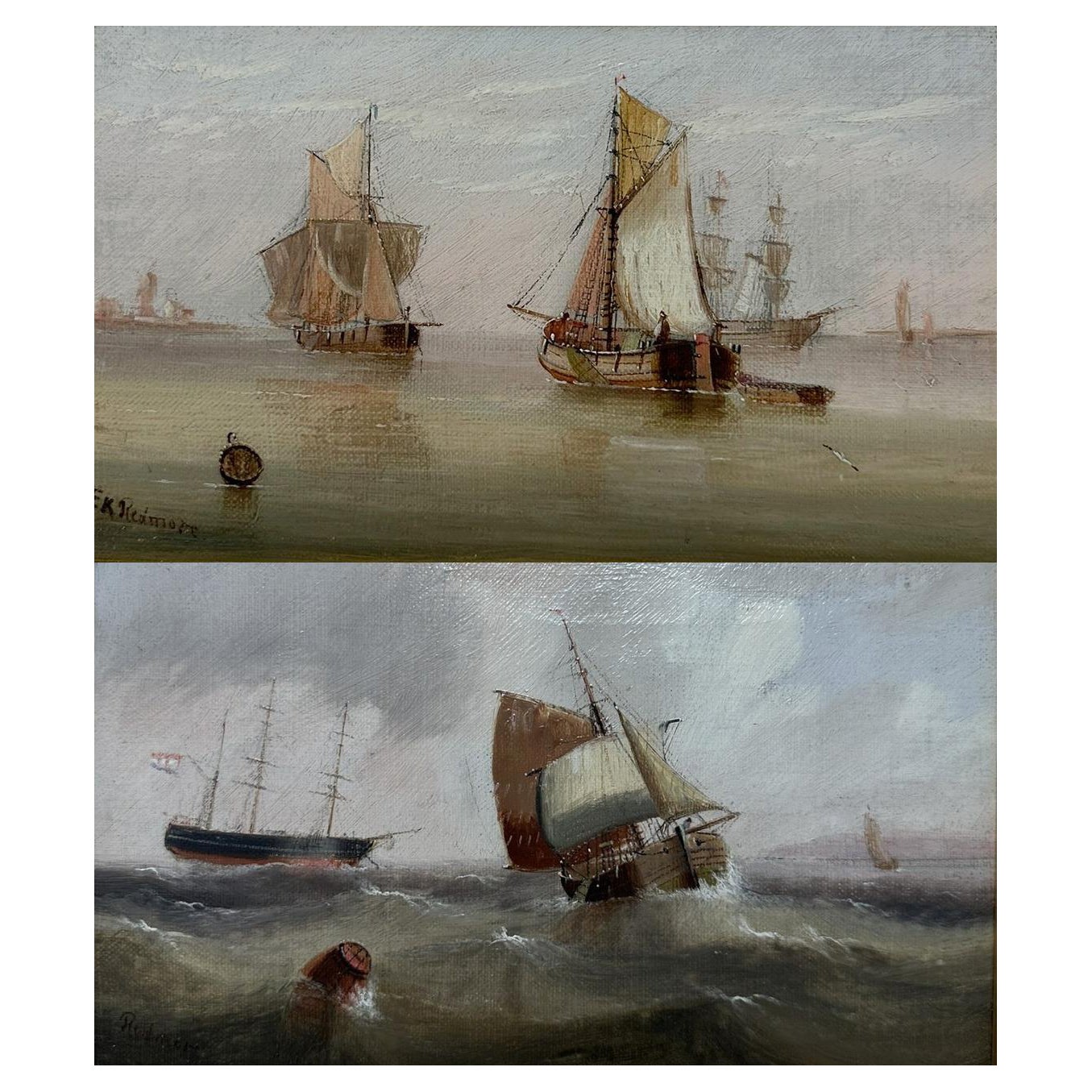 Edward King Redmore Pair Antique Oil Paintings Harbor Scene Seascape Boats