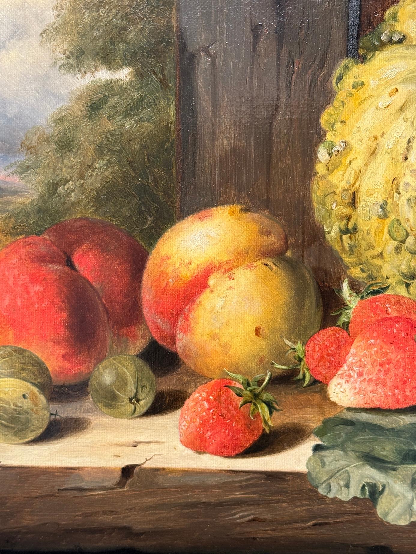 Englisches Stillleben aus dem 19. Jahrhundert mit Erdbeeren, Melonen, Pfirsichen, Gänseblümchen und Gänseblümchen – Painting von Edward Ladell