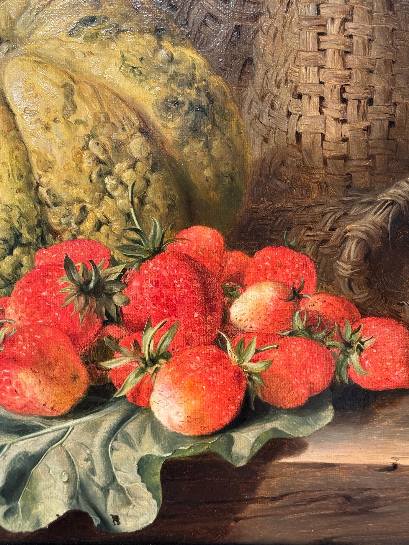 Englisches Stillleben aus dem 19. Jahrhundert mit Erdbeeren, Melonen, Pfirsichen, Gänseblümchen und Gänseblümchen (Braun), Figurative Painting, von Edward Ladell