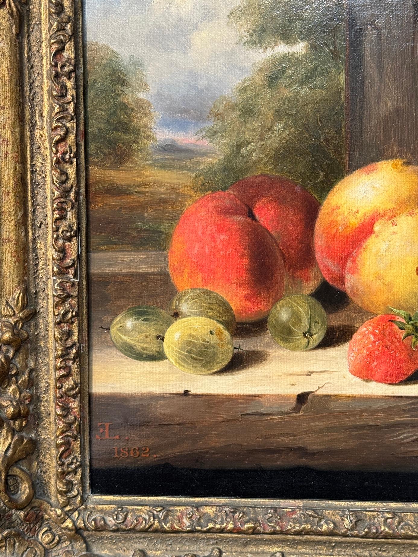 Edward Ladell (Englisch, 1821-1886)
Früchtestillleben, Öl auf Platte, signiert und datiert 1862

Dieses detailreiche Stillleben von Edward Ladell ist ein hervorragendes frühes Beispiel für den unverwechselbaren Stil des Künstlers, der 1862 auf dem