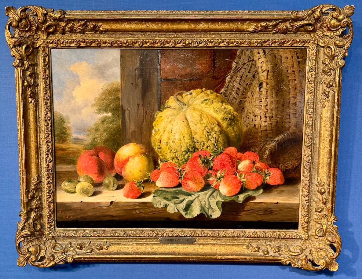 Siglo XIX Naturaleza muerta inglesa de Fresas, Melón, Melocotones, grosellas espinosas