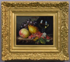 19th Century still life oil painting of fruit, flowers 
a wine glass