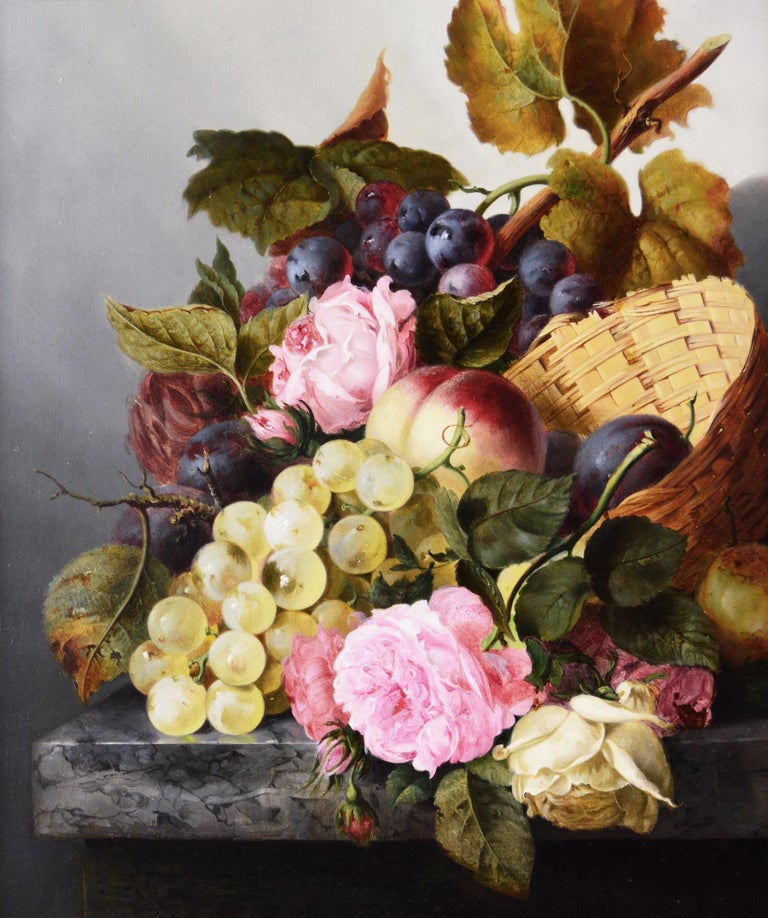 19th Century still life oil painting of fruit & flowers in a basket  - Painting by Edward Ladell