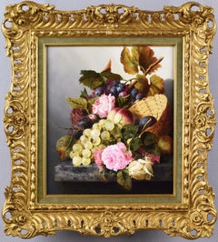 19th Century still life oil painting of fruit & flowers in a basket 