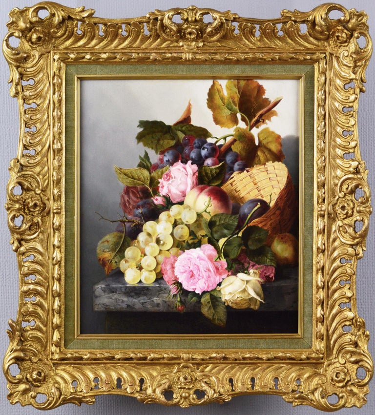 Edward Ladell Still-Life Painting - 19th Century still life oil painting of fruit & flowers in a basket 