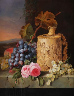 „Ein Stillleben mit Rosen, Trauben und einer elfenbeinfarbenen Vase“, Edward Ladell, antikes Gemälde